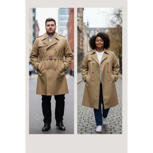 Unisex Khaki Long Double-Breasted Trench Coat With Belt